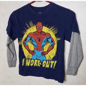 Marvel Spiderman I Work Out Boys Small Long Sleeve Graphic Tee Blue